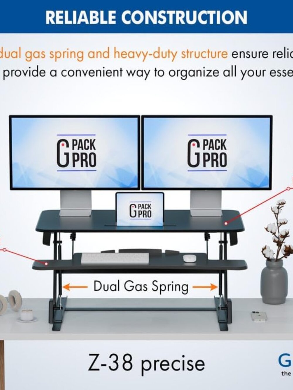 38″ Wide Standing Desk Converter – Sit-to-Stand Workstation for Dual Monitors, H - Picture 6 of 8
